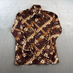 VTG 70s Floral Button Up Shirt Brown Pattern Disco Style Mens Large